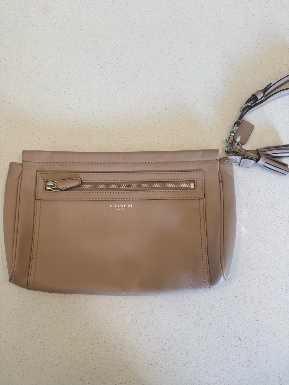 Coach Neutral Tan Leather Wristlet with Tassel Strap